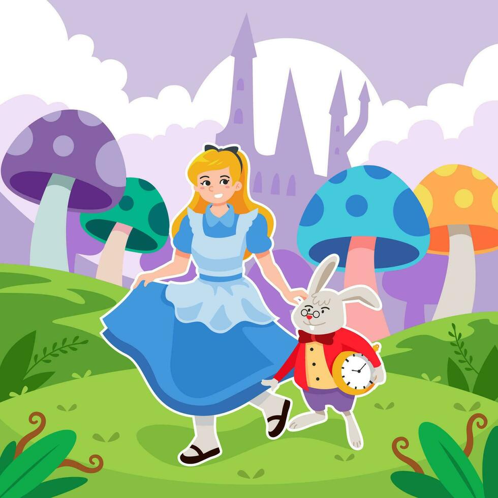 prinsessa och kanin är gående i de palats trädgård vektor