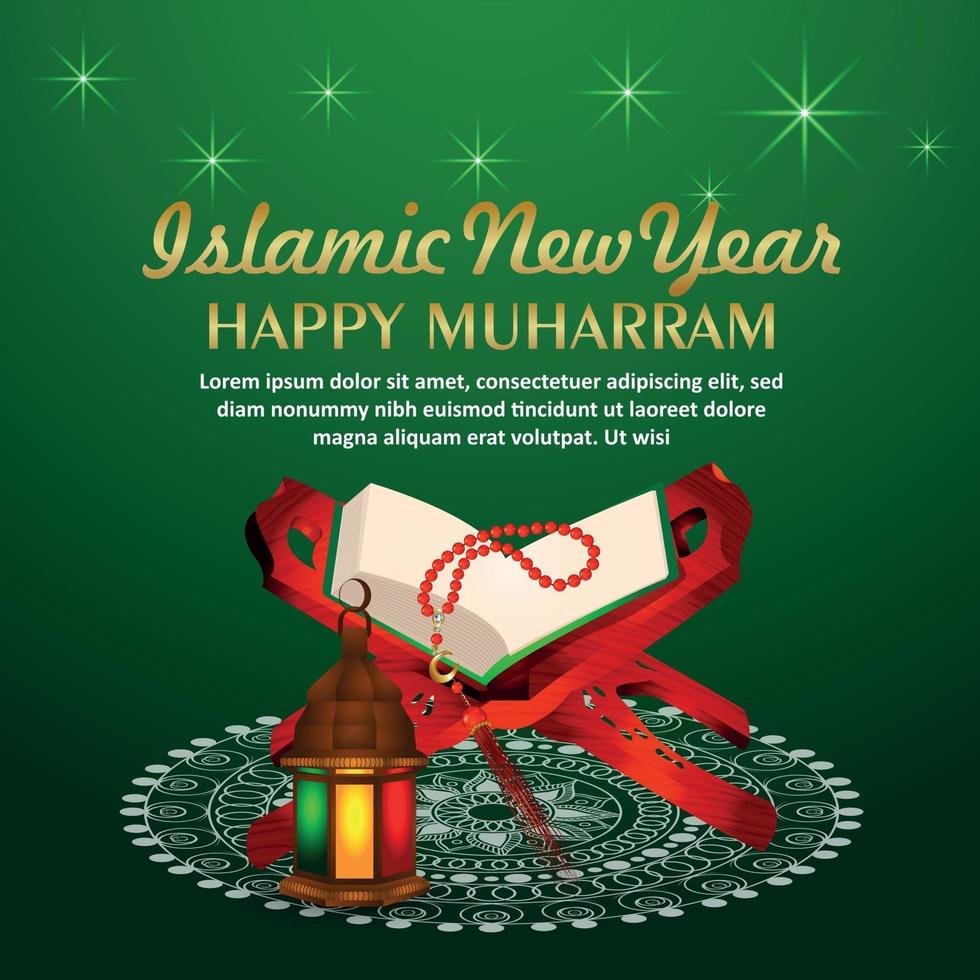 Muharram islamische Neujahrsfeier Grußkarte mit heiligem Buch Quraan und islamischer Laterne vektor