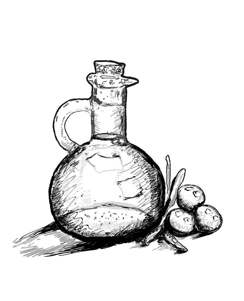 Vektorflasche Olivenöl mit Olivenzweigillustration auf lokalisiertem weißem Hintergrund vektor
