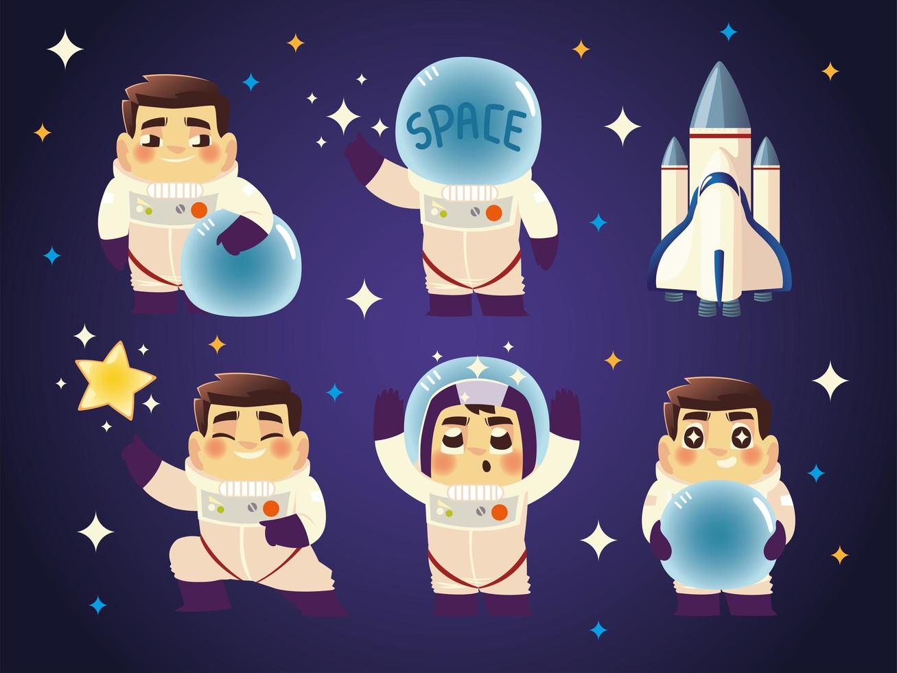 uppsättning astronaut i olika poser i rymden och rymdskepp vektor