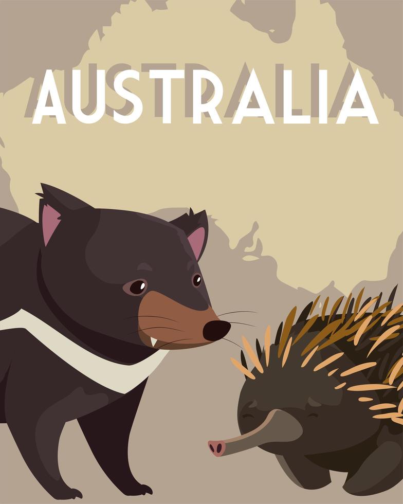 Igel und Tasmanischer Teufel Australische Karte Tier Tierwelt vektor