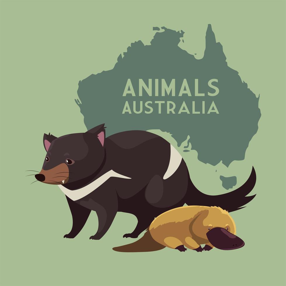 tasmanian devil and platypus australian continent map animal wildlife vektor