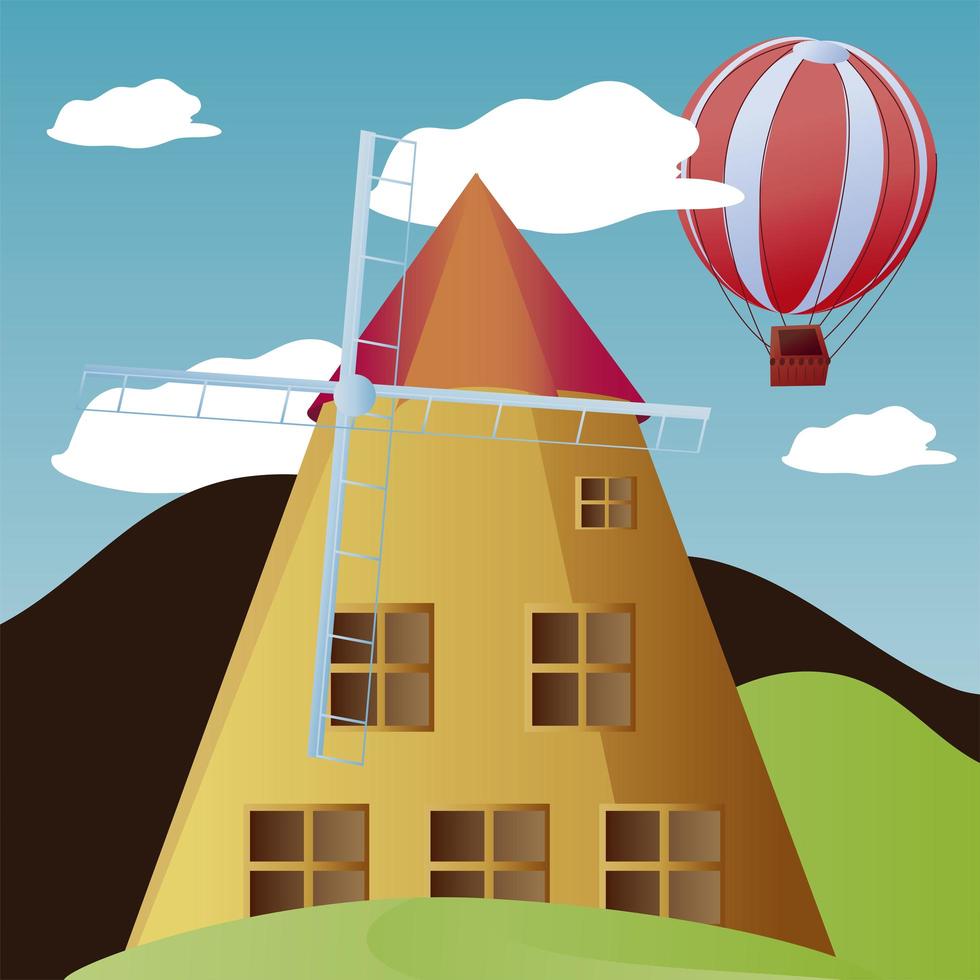 Reise-Wahrzeichen Schweiz Windmühle Heißluftballon Urlaub Tourismus vektor