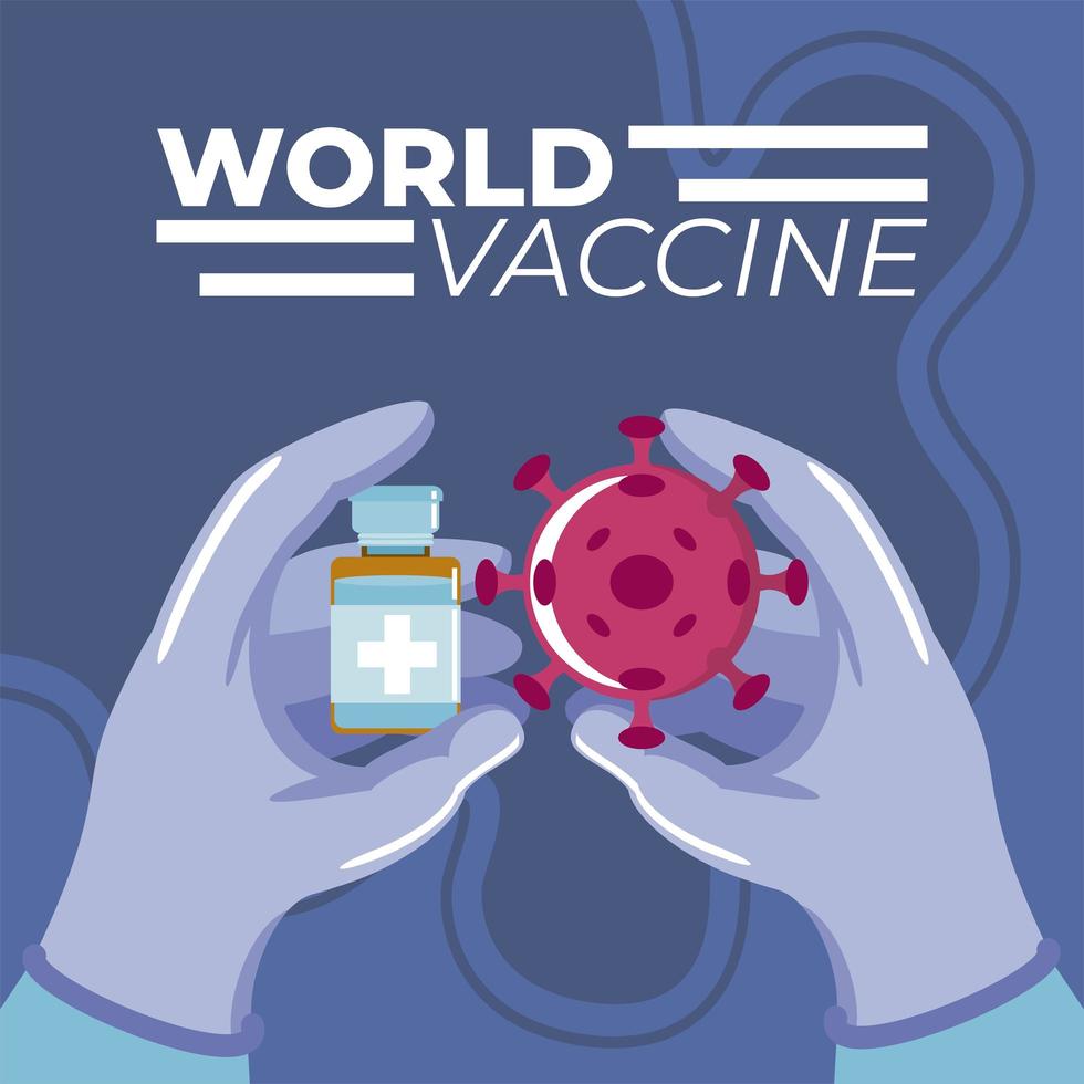 världens covid 19 vaccinhänder med handskar håller injektionsflaskan och viruset vektor