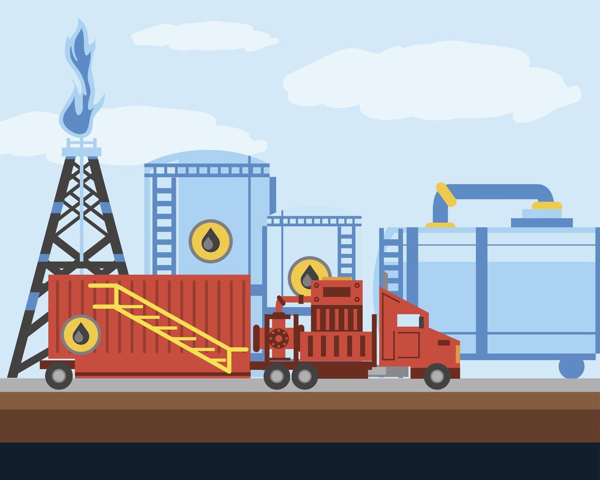 fracking torn olja och gas borrning lastbil och tankar vektor