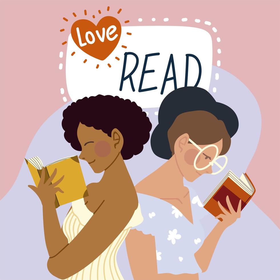 fröhliche Frauen, die Bücher lesen, lieben, Konzept zu lesen vektor
