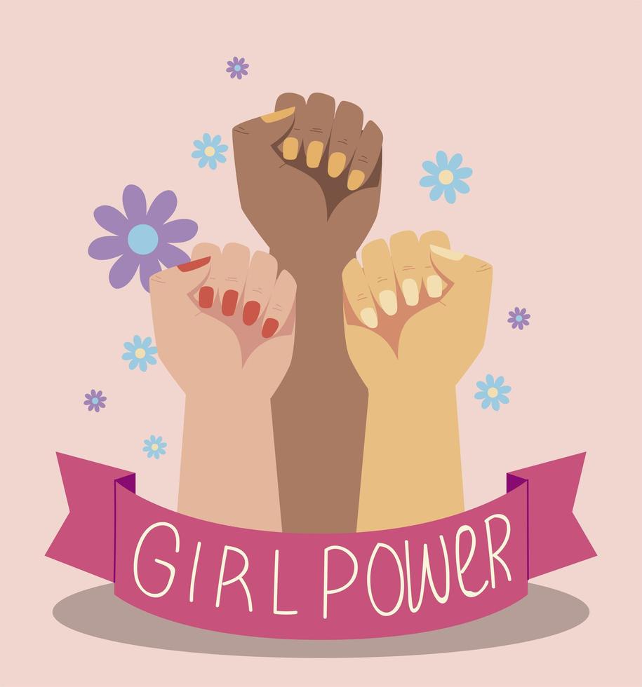 Frauentag weiblich erhobene Hände Mädchenpower Blumendekoration Karte vektor