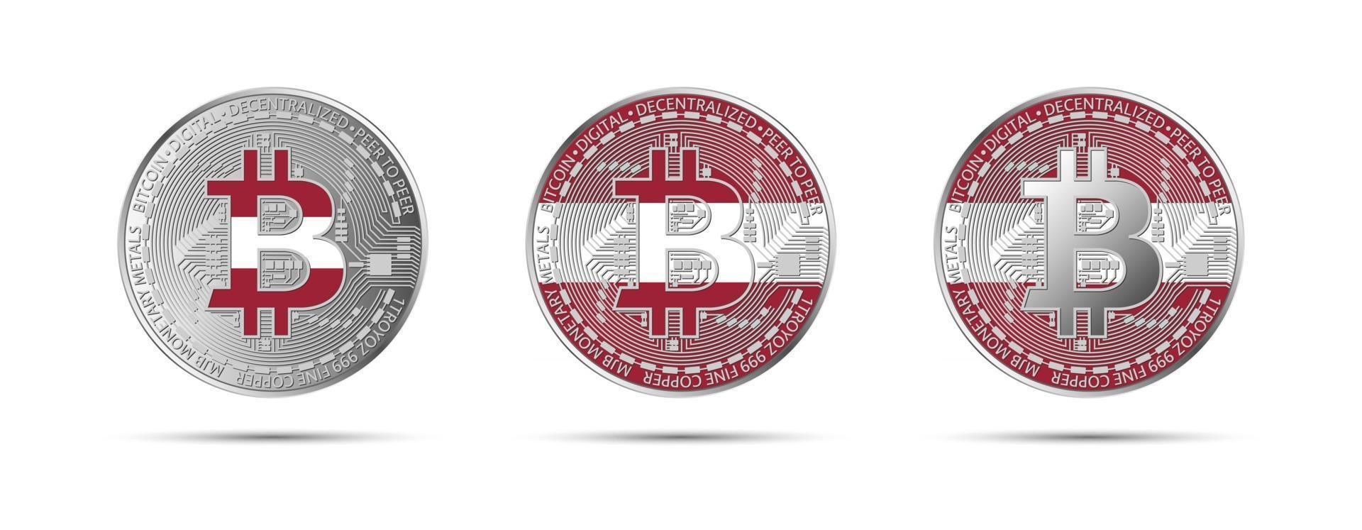 Drei Bitcoin-Kryptomünzen mit der Flagge von Lettlandgeld der zukünftigen modernen Kryptowährungsvektorillustration vektor