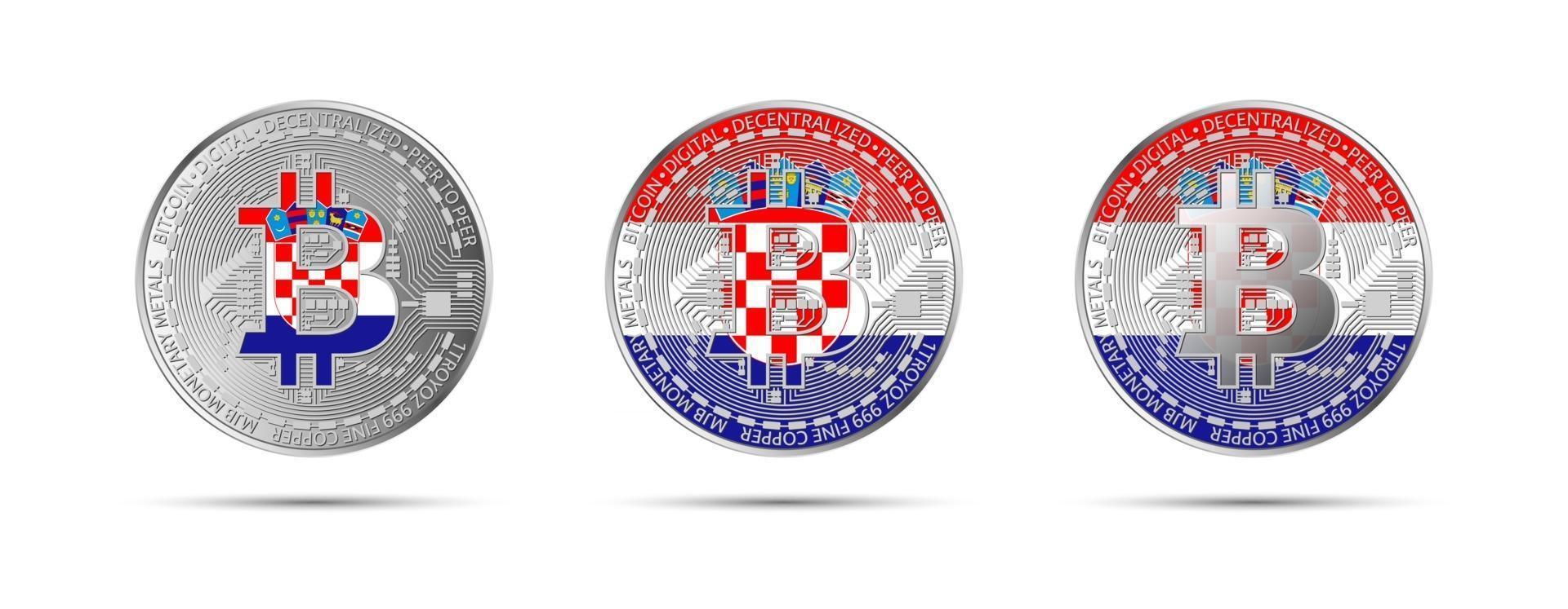 tre bitcoin-kryptomynt med kroatiens flagga pengar i den framtida moderna kryptovalutavektorillustrationen vektor