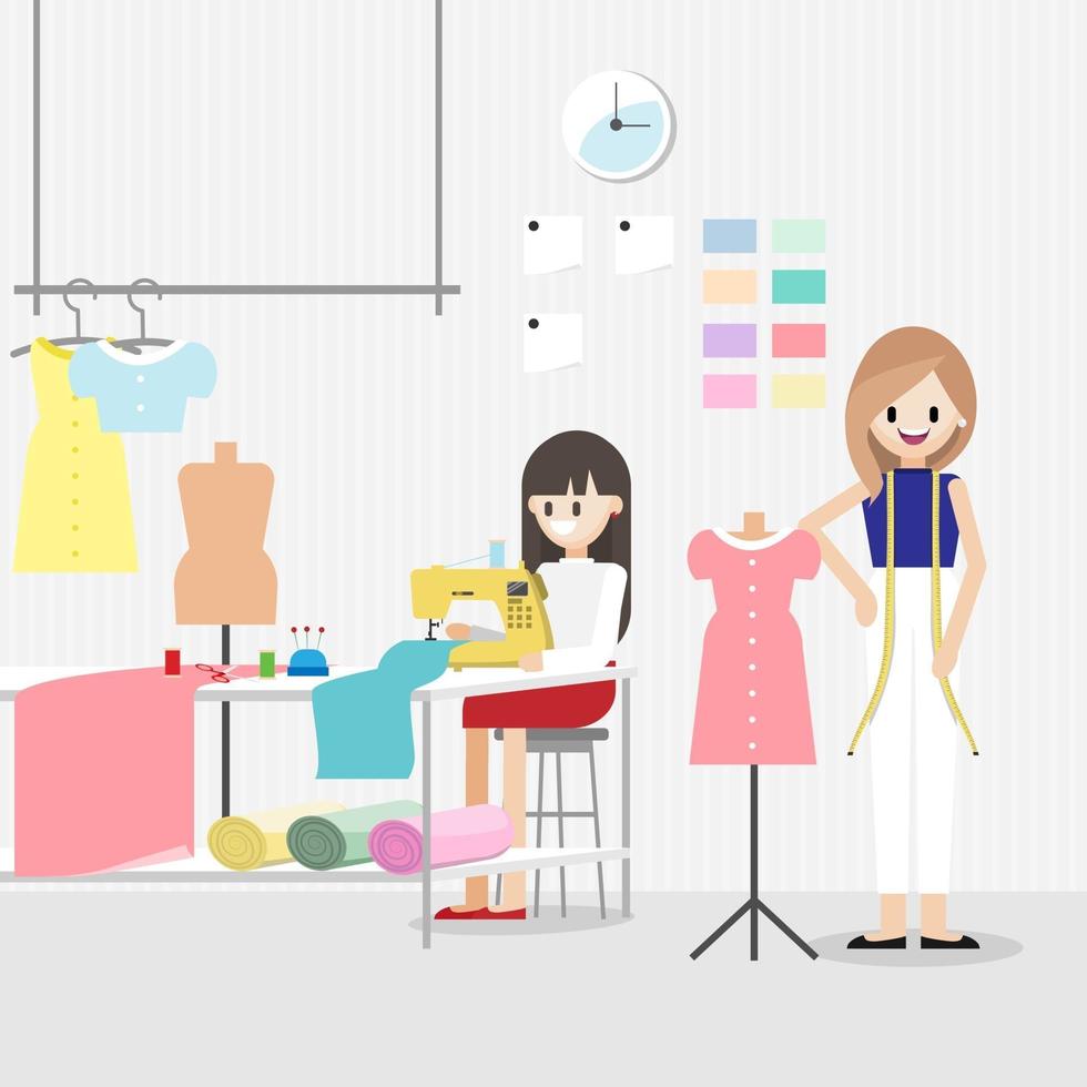 Zeichentrickfigur mit Modedesignerjob in der Mode oder im Nähstudio Zimmer horizontale Banner oder Schneider Shop Konzept flache Symbol Vektor