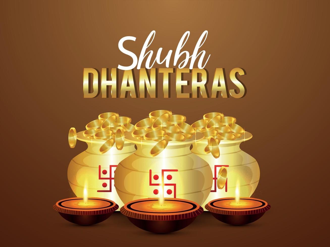 Glücklicher Dhanteras-Feierhintergrund des indischen Festivals mit kreativem Goldmünztopf vektor