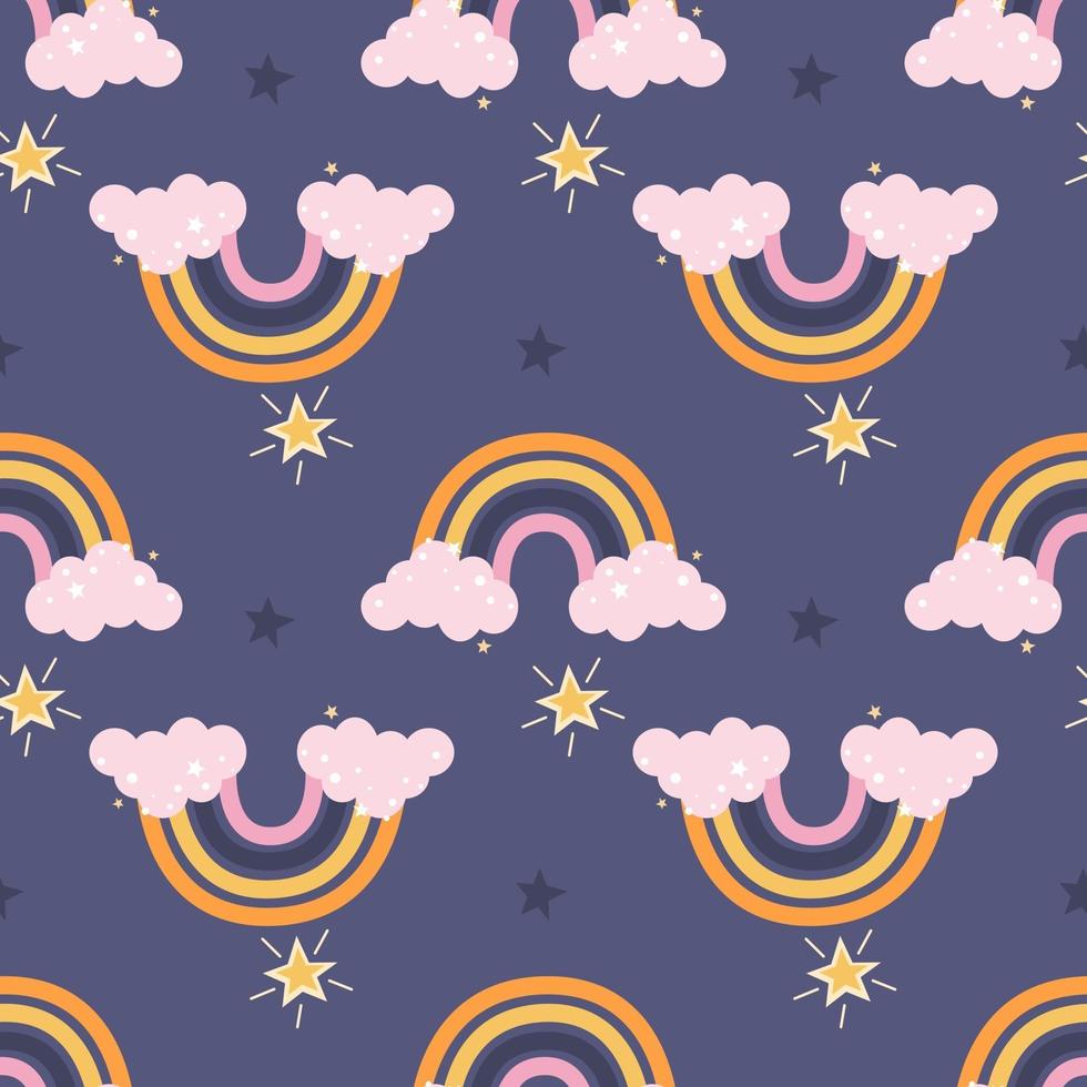 färgglad söt regnbåge med rosa moln och stjärnor på en lila bakgrundsvektor sömlös mönsterinredning för barnens affischer vykort kläder och inredning vektor