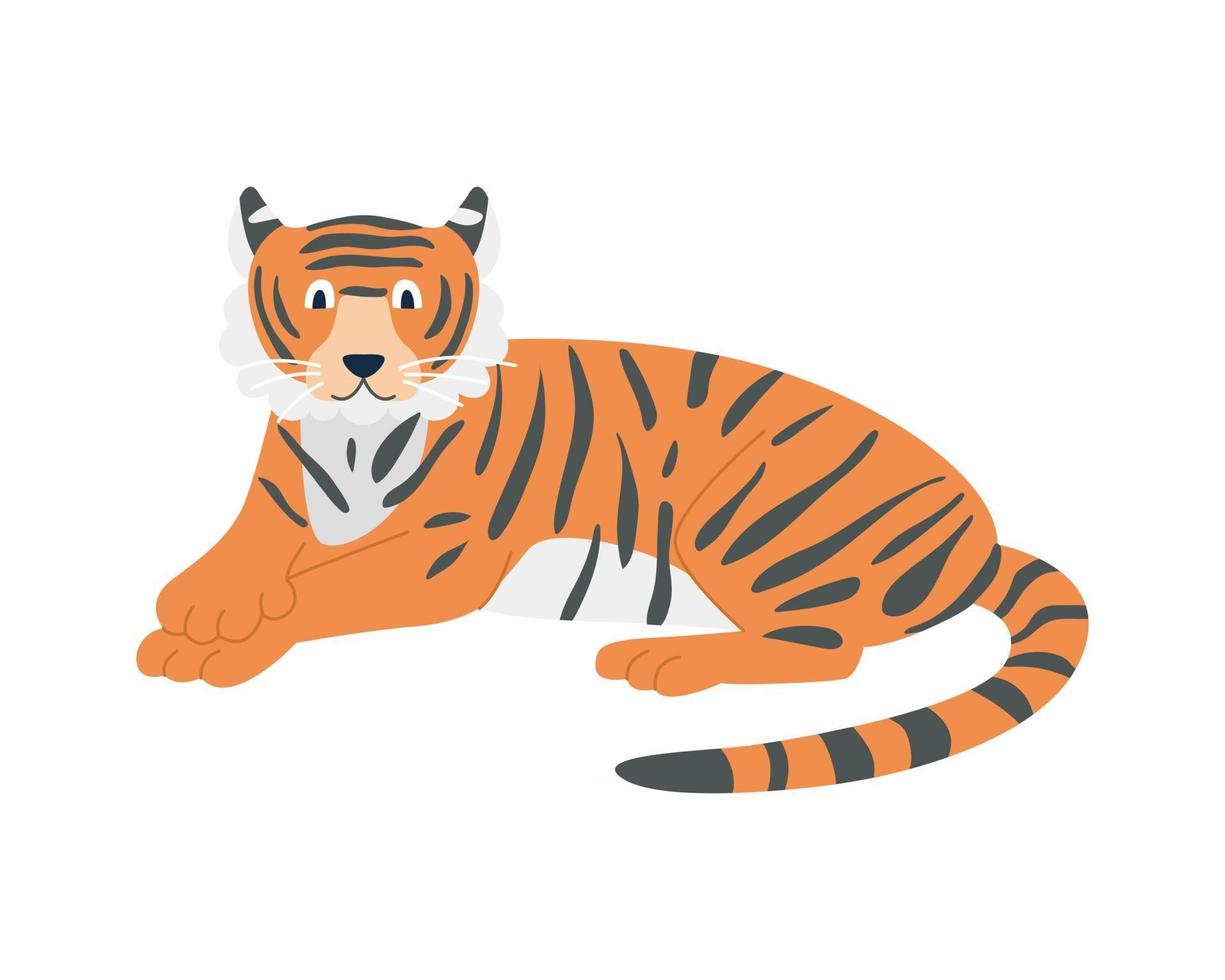 Ein niedlicher lustiger Tiger liegt auf einem weißen Hintergrundvektorbild in der Karikaturflachart-Dekor für Kinderplakate, Postkarten, Kleidung und Interieur vektor