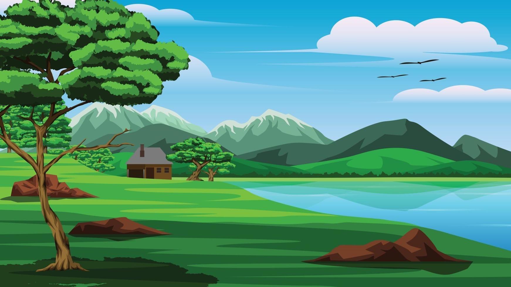 Illustration einer Ansicht der Berge Seebäume Grünlandhimmel und eines kleinen Hauses am Rande des Sees Es war ein Tag, an dem der Himmel klar war und die Atmosphäre hell war vektor