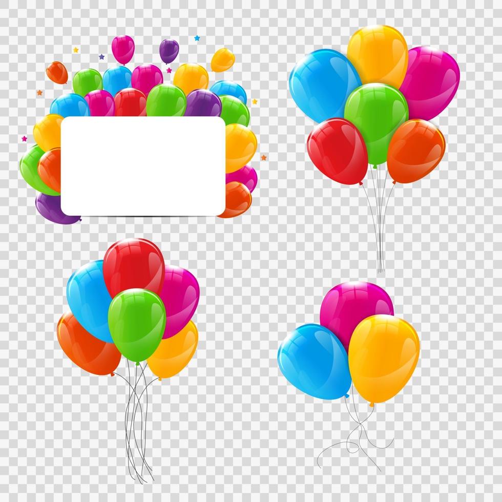 Satz Bündel und Gruppen von farbig glänzenden Heliumballons isoliert vektor