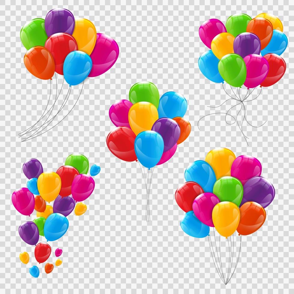 uppsättning buntar och grupper av glansiga heliumballonger i färg isolerade vektor