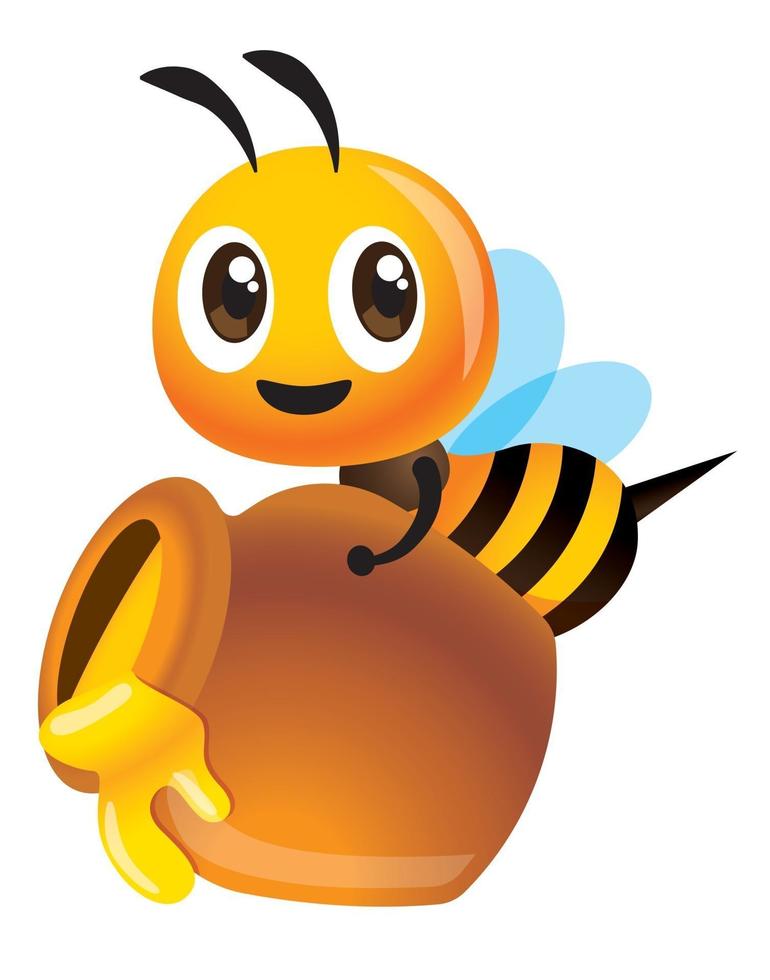 tecknad söt bi som bär en stor honungskruka med honung som droppar ut vektor