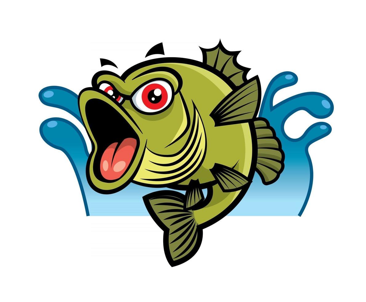 Karikatur große rote Augen Bassfisch auf Wasserspritzer vektor