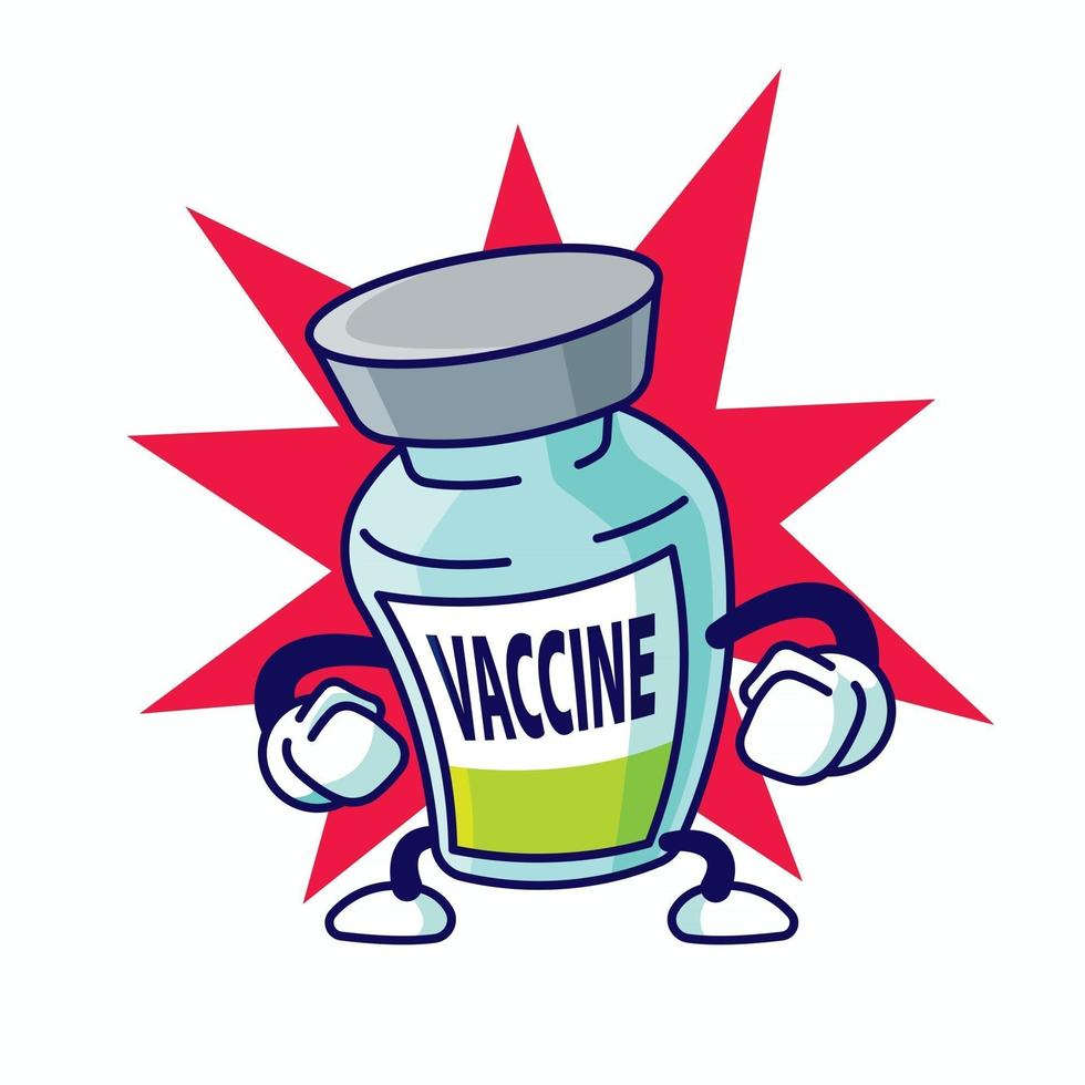 tecknad stark covid19 vaccinflaska karaktär startar på explosion bakgrund vektor maskot