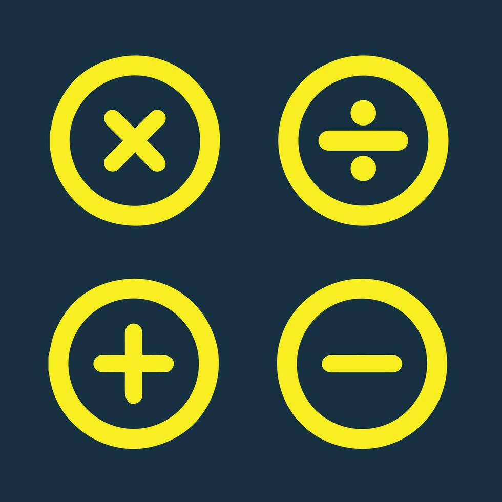 grundläggande matematisk symbol. plus och minus- ikon uppsättning. matematik symbol. jämlikar symbol. Lägg till tecken. multiplicera ikon. division, kalkylator knapp, företag finansiera begrepp. isolerat gul och mörk blå vektor