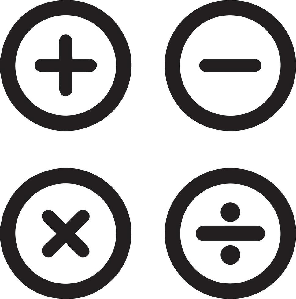 Basic mathematisch Symbol. Plus und Minus Symbol Satz. Mathematik Symbol. gleich Symbol. hinzufügen unterzeichnen. multiplizieren Symbol. Aufteilung, Taschenrechner Taste, Geschäft Finanzen Konzept. isoliert vektor