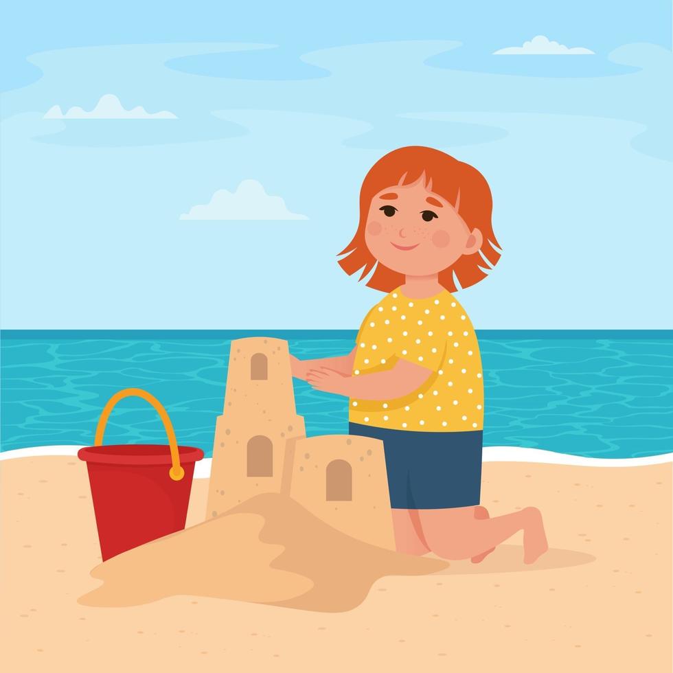 liten flicka bygger ett sandslott på stranden vektor