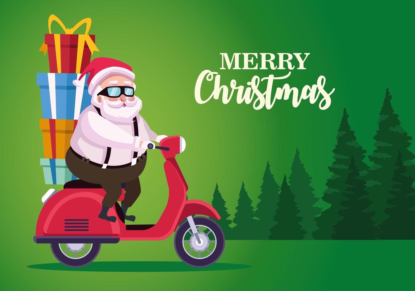 niedlicher Weihnachtsmann mit Geschenken im Motorrad in der Waldlandschaftsszene vektor