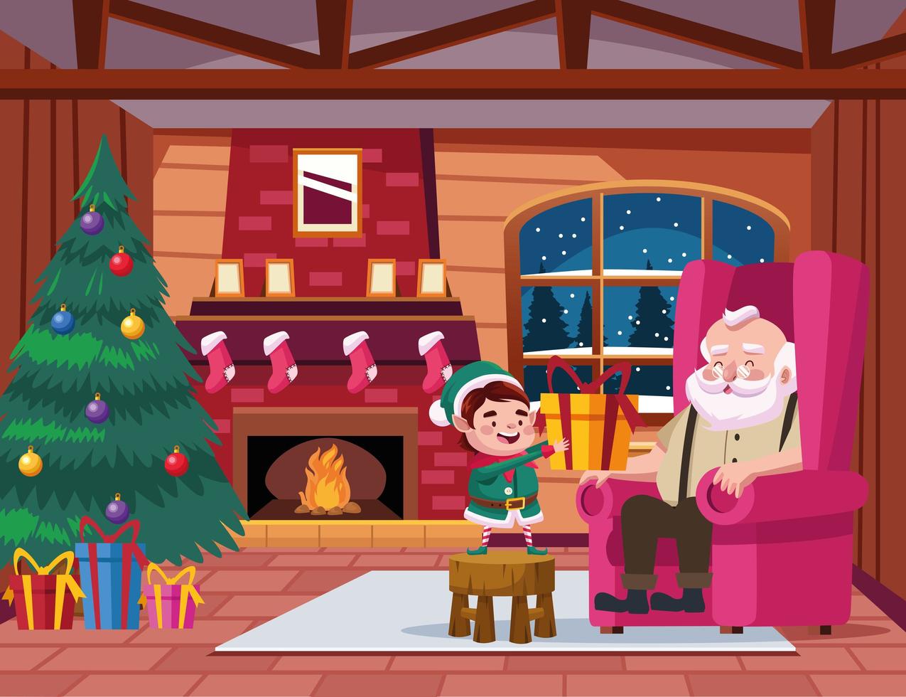 söt jultomten och hjälpare med gåva i husscenen vektor