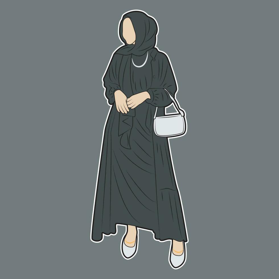 Vektor Hijab Frau mit ein elegant schwarz nuanciert Outfit