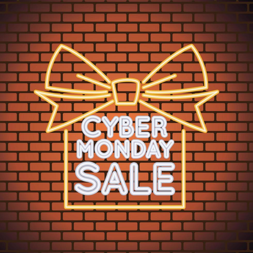 cyber måndag försäljning neonljus med gåva i väggen vektor