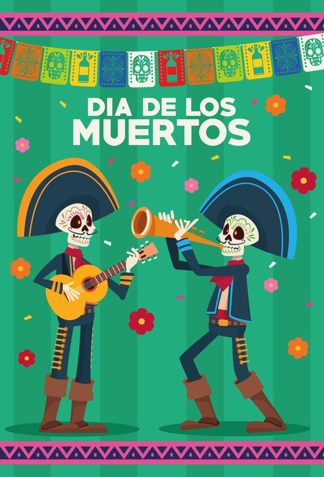 Dia de los Muertos Feierkarte mit Skeletten Mariachis und Girlanden vektor