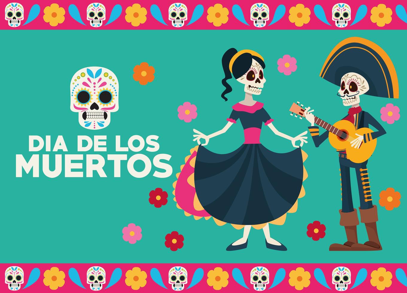 dia de los muertos feier beschriftungskarte mit skelettpaar vektor