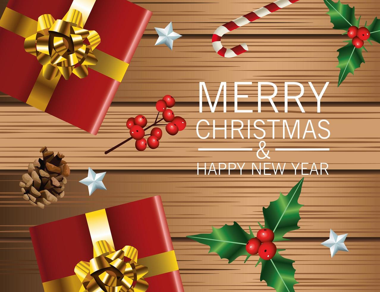 glad jul bokstäver kort med gåvor i trä bakgrund vektor