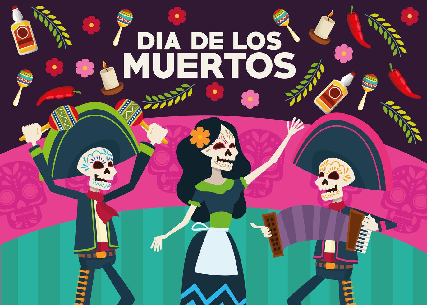 dia de los muertos feierkarte mit skelettgruppe und blumen vektor