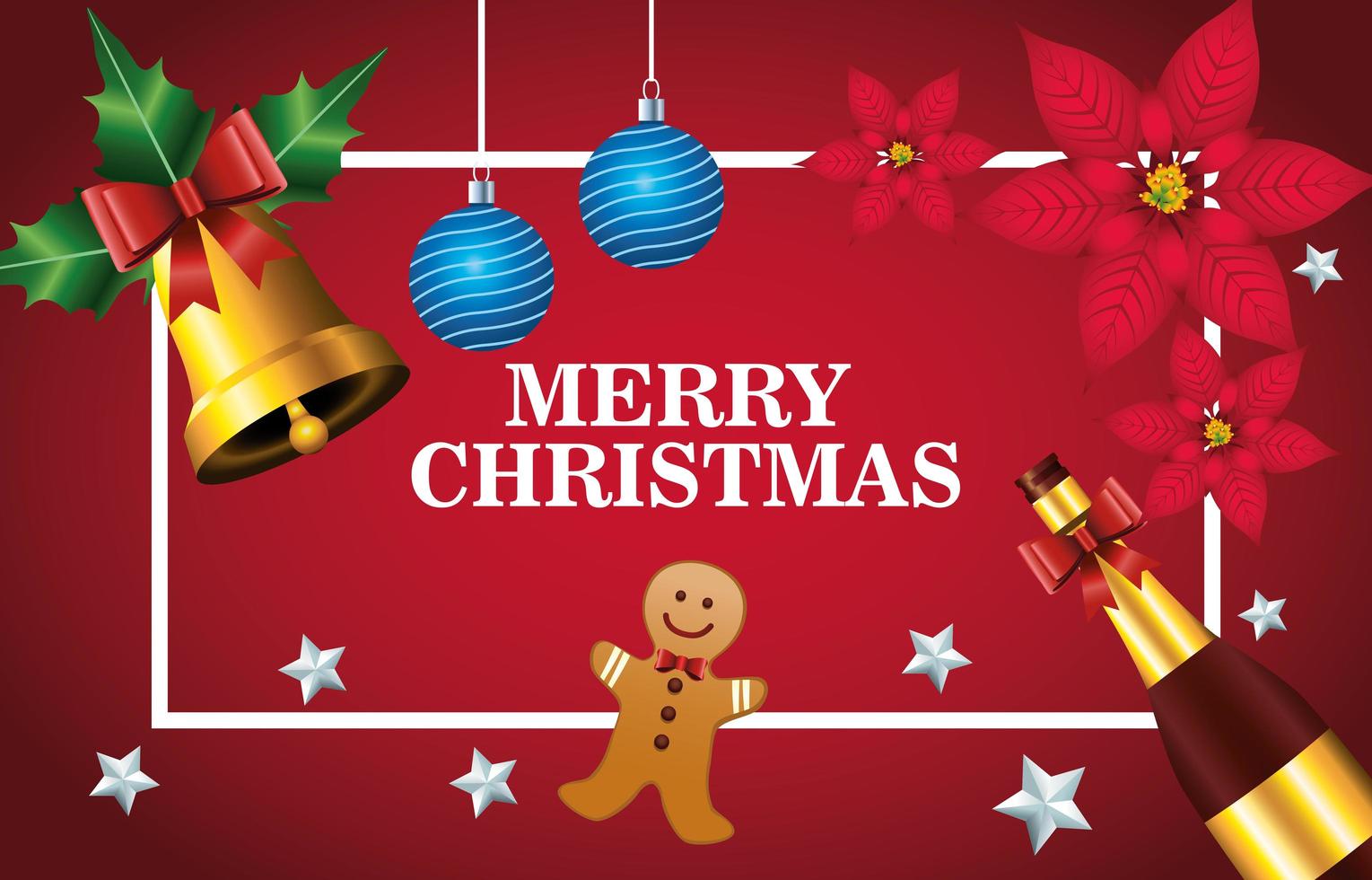 fröhliche frohe Weihnachten-Beschriftungskarte mit goldener Glocke und Ikonen im quadratischen Rahmen vektor