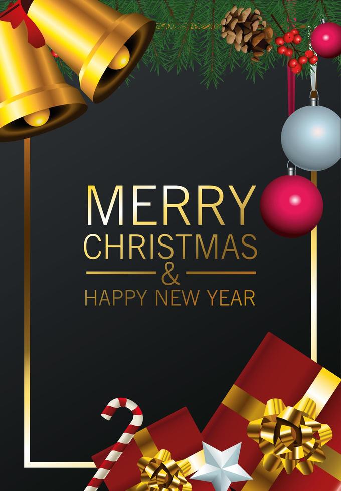 glad jul bokstäver kort med gyllene klockor och presenter presenter vektor