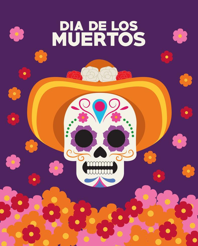 Dia de los Muertos Feierplakat mit Schädelkopf, der Hut und Blumen trägt vektor