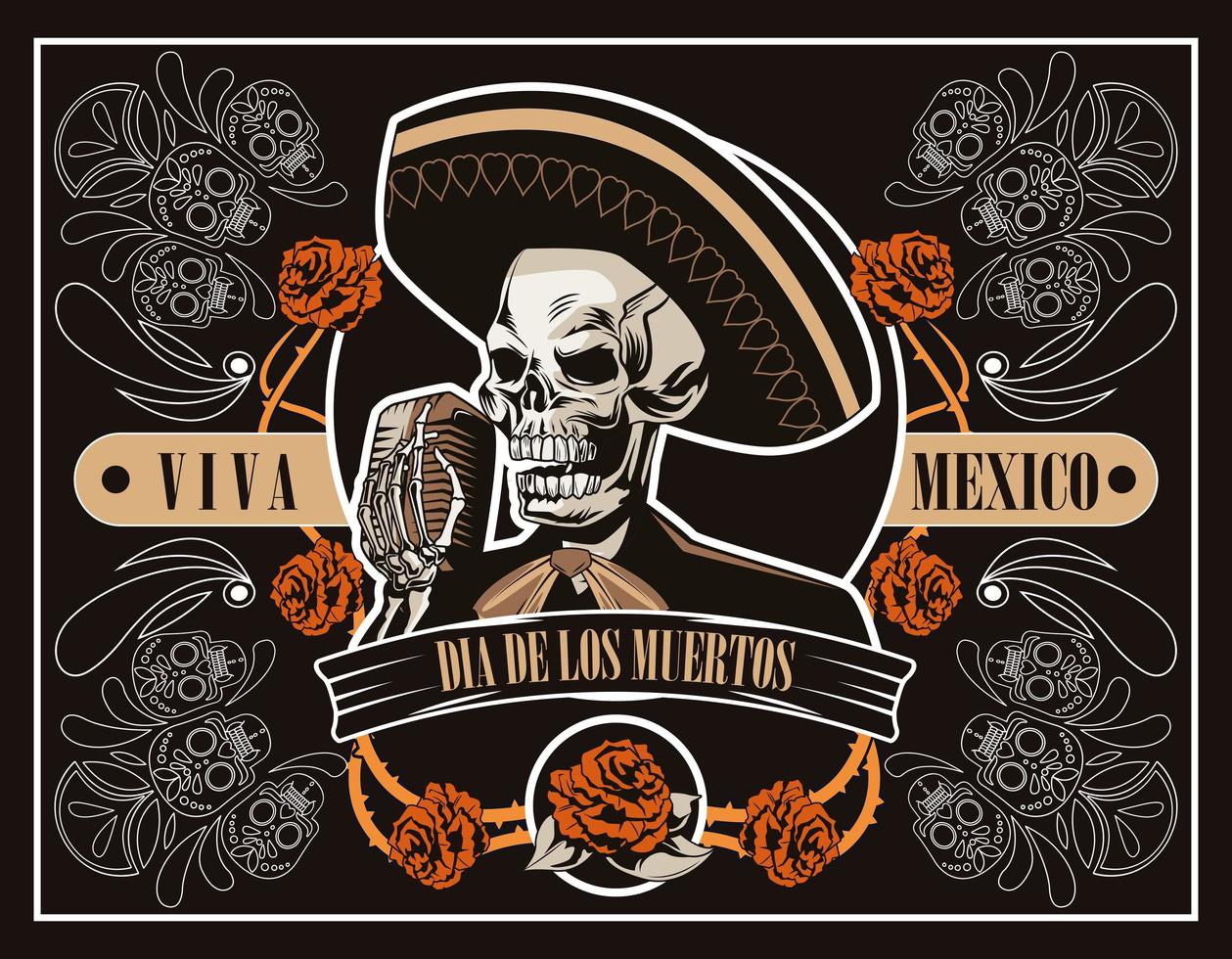 dia de los muertos affisch med mariachi skalle sjunger med mikrofon i brun affisch vektor
