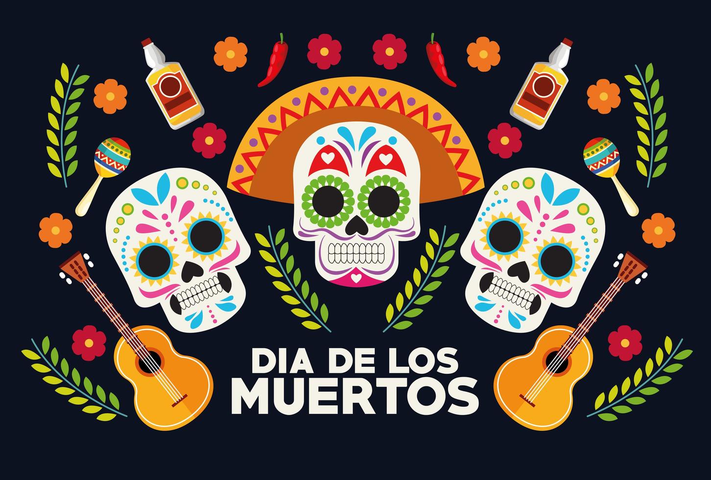 dia de los muertos Feierplakat mit Schädelkopfgruppe und Gitarren vektor