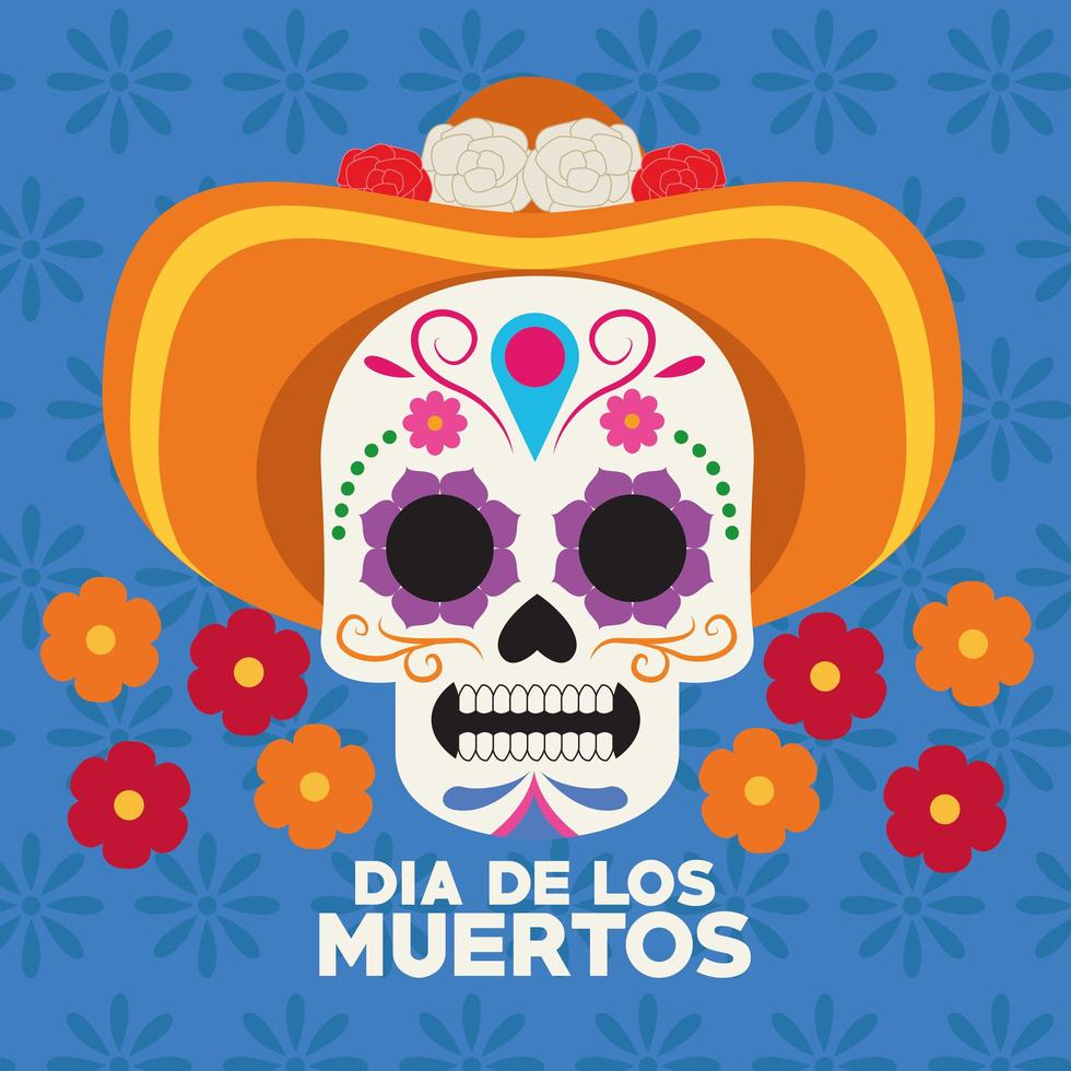 Dia de los Muertos Feierplakat mit Totenkopf mit Hut vektor