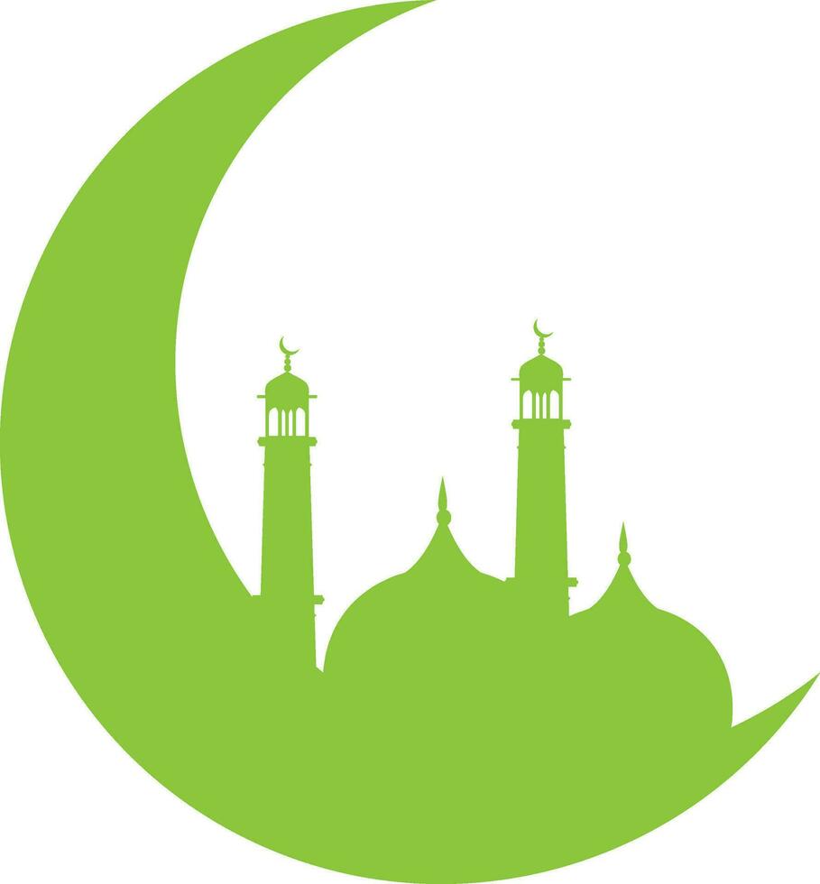 silhuett av moské på måne i grön Färg. vektor