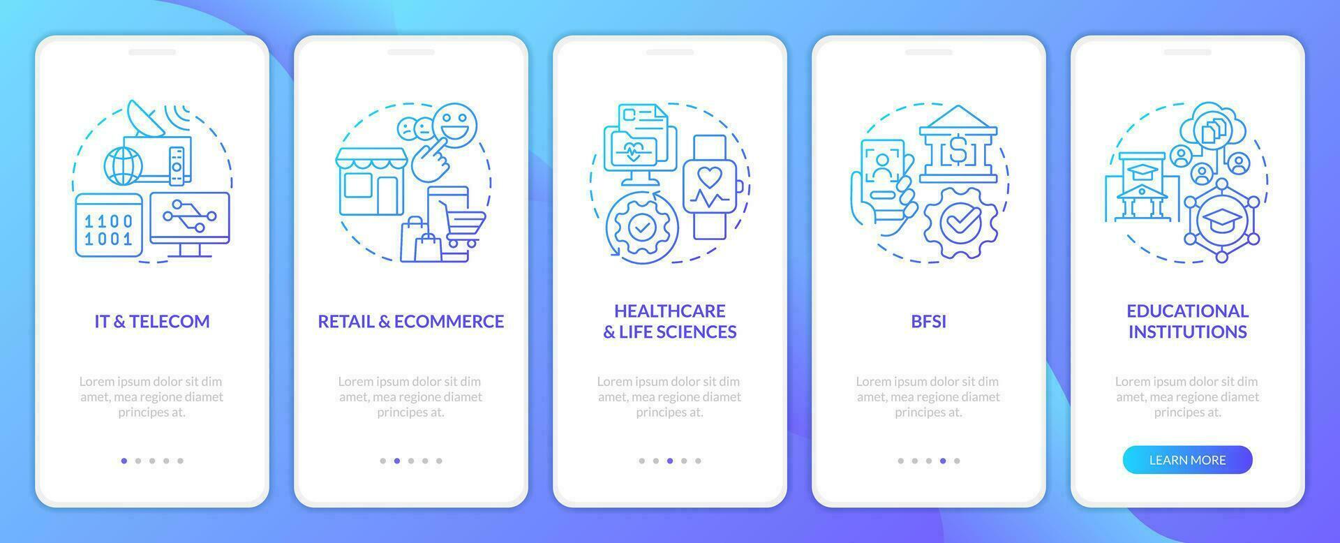 Ausführung Steuerung System Industrie Blau Gradient Onboarding Handy, Mobiltelefon App Bildschirm. Komplettlösung 5 Schritte Grafik Anleitung mit linear Konzepte. ui, ux, gui Vorlage vektor