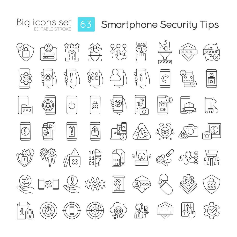 smartphone säkerhet tips linjär ikoner uppsättning. förebyggande från dataintrång ge sig på. säkerhet. anpassningsbar tunn linje symboler. isolerat vektor översikt illustrationer. redigerbar stroke