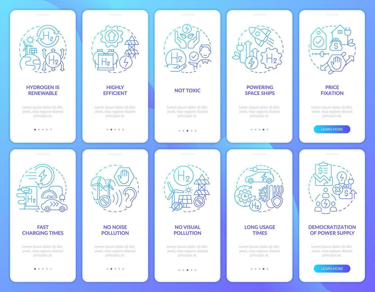 fördelar av väte blå lutning onboarding mobil app skärm uppsättning. h2 användande genomgång 5 steg grafisk instruktioner med linjär begrepp. ui, ux, gui mall vektor