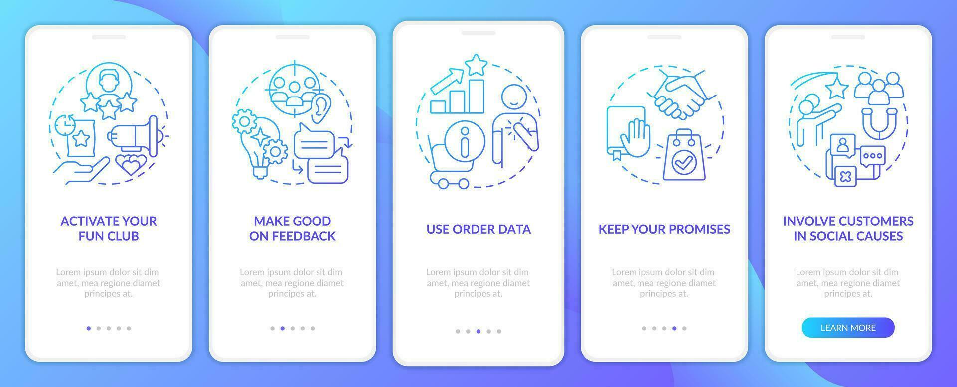 Kunde Engagement Methoden Blau Gradient Onboarding Handy, Mobiltelefon App Bildschirm. Komplettlösung 5 Schritte Grafik Anleitung mit linear Konzepte. ui, ux, gui Vorlage vektor