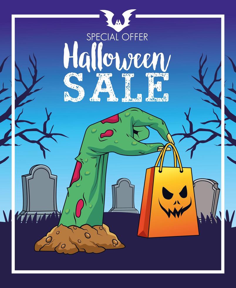 saisonales Plakat des Halloween-Verkaufs mit der Todeshand, die Einkaufstasche auf dem Friedhof anhebt vektor