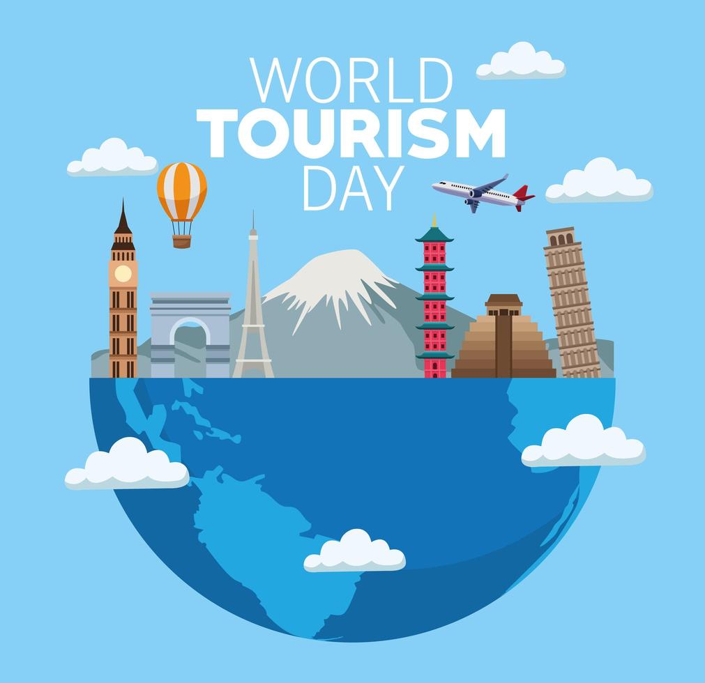 Welttourismus Tag Schriftzug Feier mit Erde Planetenhälfte und Denkmäler vektor