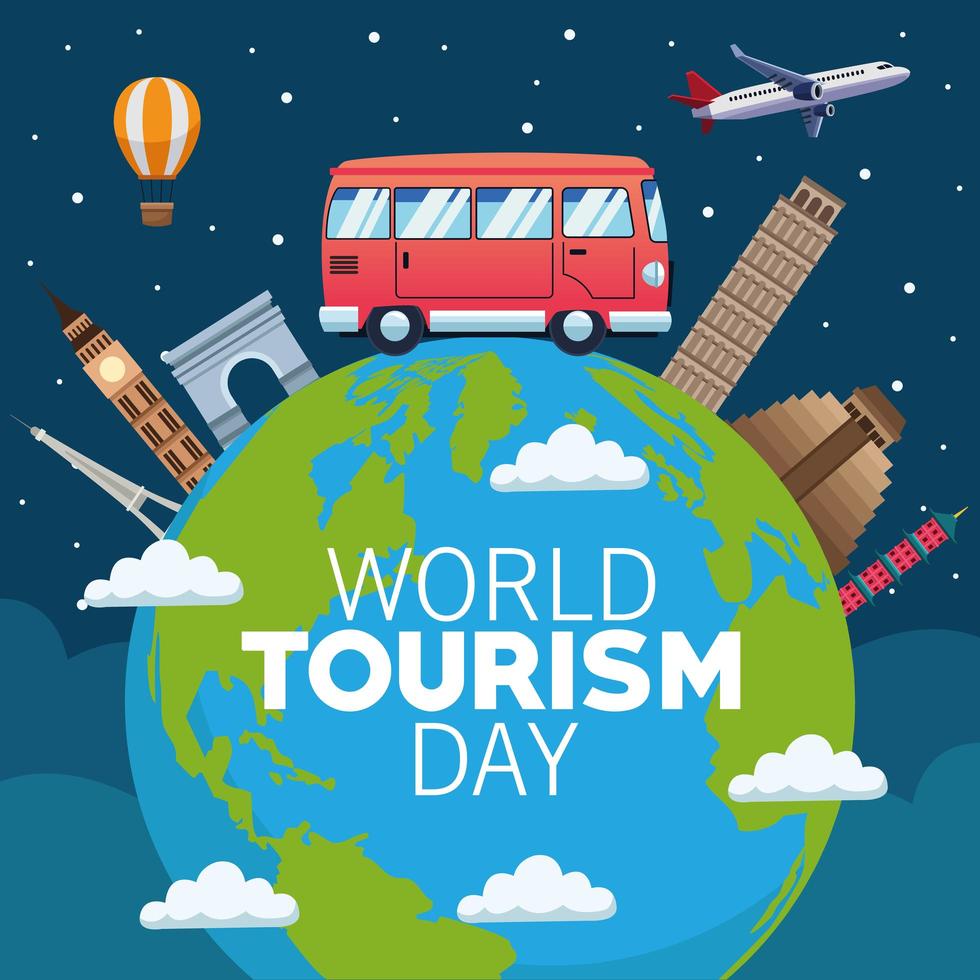 Welttourismus-Tag-Beschriftungsfeier mit Erdplanet und Denkmälern vektor