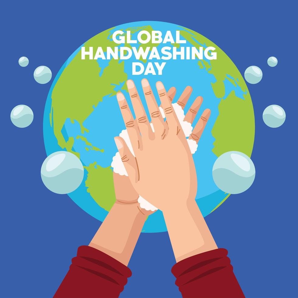 global handtvättdagskampanj med händer och skum på jordplaneten vektor