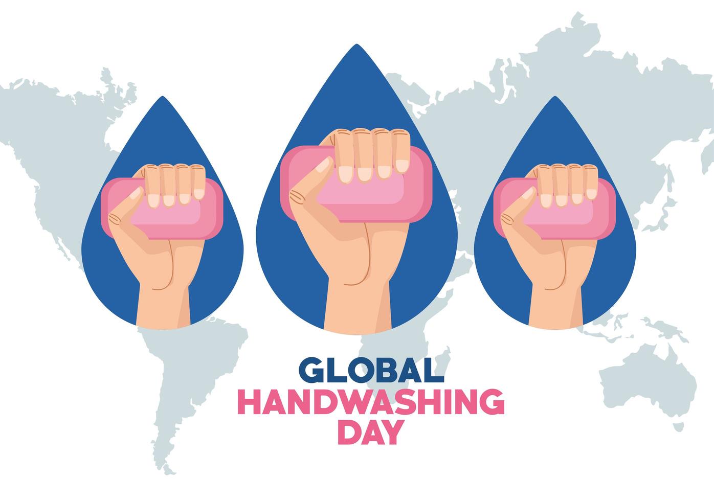 globale Handwasch-Tageskampagne mit Händen, die Seifenstücke im Erdplaneten anheben vektor